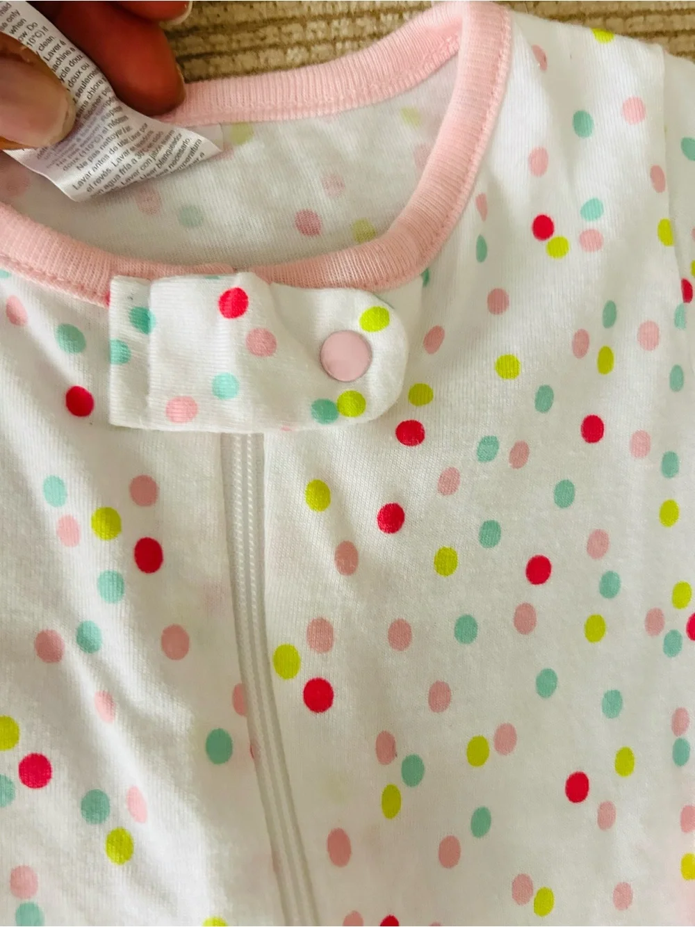 White Polka Dot Zip-Front Baby One-Piece with Pink Trim